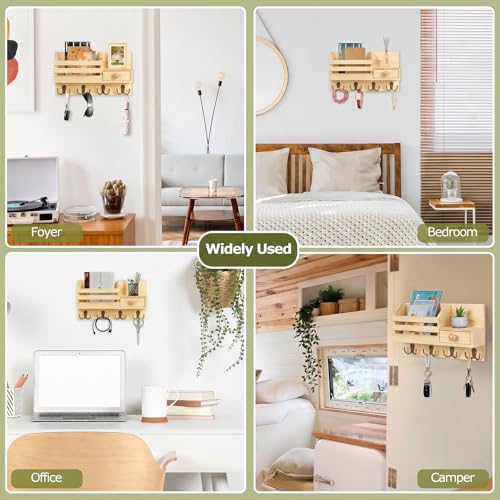 Key Holder Wall Mount, Wooden Adhesive Mail and Key Organizer with Drawer, Small Shelf, 8 Hooks, 2 Installation Methods, Natural - color: Natural
