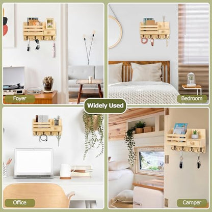 Key Holder Wall Mount, Wooden Adhesive Mail and Key Organizer with Drawer, Small Shelf, 8 Hooks, 2 Installation Methods, Natural - color: Natural