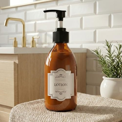 8 oz Amber Glass Soap Dispenser, 250ml Glass Pump Bottle for Body Lotion Massage Oil, Refillable Empty Hand and Dish Soap Dispensers Set with Labels - 3 Pack - color: Amber