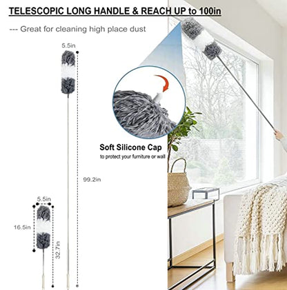 Microfiber Duster Kit High Reach Ceiling Fan Duster with Extendable Pole 100" Telescoping Cobweb Duster for Cleaning, Bendable Head Washable Duster for Ceiling, Fan, Furniture - style: 4PC Duster Kit Grey