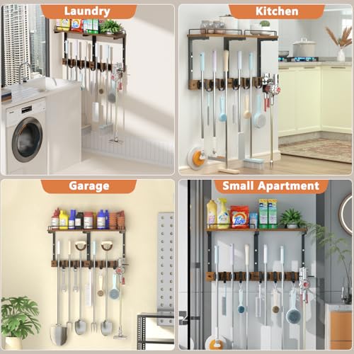 Mop Holder Wall Mount with Cleaning Supplies Organizer, Wood Mop and Broom Hanger Rack Organizer with Anti-Fall Wall Shelf with 5 Clips & Hooks for Garage Laundry Room Kitchen (Brown) - color: Brown