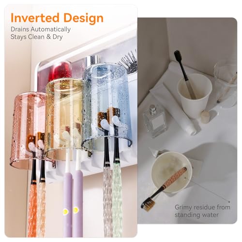 Toothbrush Holder Wall Mounted with Automatic Toothpaste Dispenser, Dustproof Flip Cover and Inverted Cup Slots, Multi-Functional No-Drill Bathroom Organizer for Family, Space Saver (3 Cups) - color: 3 Cups