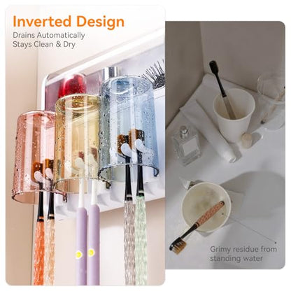 Toothbrush Holder Wall Mounted with Automatic Toothpaste Dispenser, Dustproof Flip Cover and Inverted Cup Slots, Multi-Functional No-Drill Bathroom Organizer for Family, Space Saver (3 Cups) - color: 3 Cups