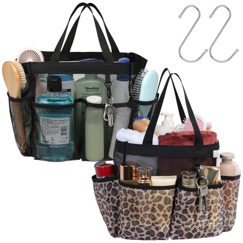 F-color Mesh Shower Caddy Portable - 2 Handles Upgrade Deeper 7 Pockets Basket Bag Tote for College Dorm Room Toiletry Bathroom Essentials Gym Camp Quick Dry with S Hook, 2 Pack, Black & Leopard - color: 2 Pack, Black & Leopard, size: L (Classic Dorm Cadd