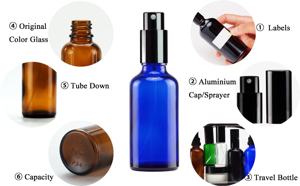YIZHAO Blue Glass Spray Bottles 2oz, with Small Fine Mist Spray, Metal Cap, Refillable for Essential Oil,Travel,Cleaning,Perfume,Aromatherapy,Makeup – 6 Pcs - color: Blue, size: 50ml-6
