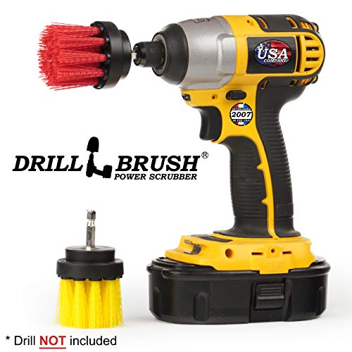 Cleaning Supplies - Drill Brush - Grout Cleaner - 2-inch Long Bristle Spin Brush Set - Bird Bath - Gnome - Scrubber - Bathroom Accessories - Shower Curtain - Bath Mat - Shower Cleaner - Rust - Calcium - color: Red / Yellow