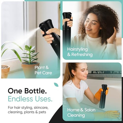 Aquableu Spray Bottle for Hair – Continuous Mist Spray Bottle for Hair Care, Styling, Cleaning, Plants, Pets & Essential Oils (Black, 10oz)