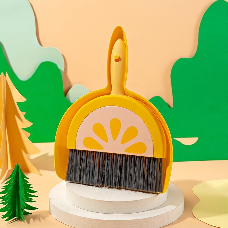 Mini Dustpan and Broom Set Compact Watermelon Lemon Small Hand Dustpan and Brush Kit Cute Fruit Shape Table Crumb Sweeper Cleaning Tools for Desk, Countertop, Sofa, Key Board Office, Kitchen (Yellow) - color: Yellow