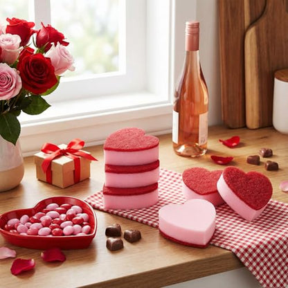 Breling 6 Pcs Heart Shaped Scrub Sponges Valentine Gifts Dual-Sided Kitchen Sponge Heart Kitchen Scrubber for Washing Dishes Pots Pans Household Bathroom Cleaning(Red)