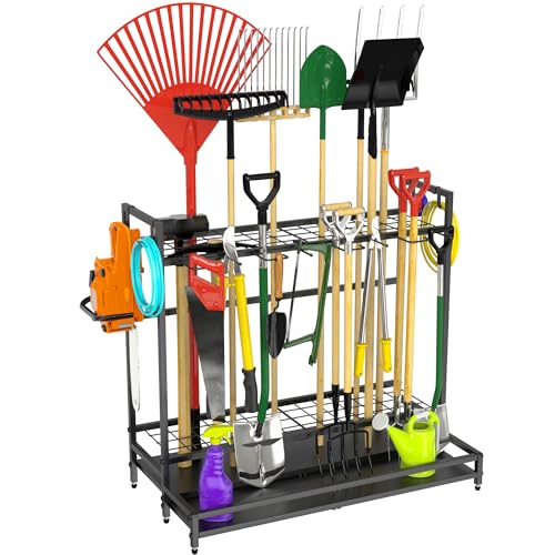 VGMiu Garden Tool Organizer for Garage, Yard Tool Rack, Holds Up to 64 Long-Handled Tools, Black Metal Garden Tools Rack Storage with Hooks for Yard Shed Garage Organization