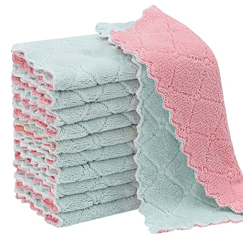Rachan 11Pack Kitchen Dish Cloths, Reusable Dish Towels, Nonstick Oil Washable Fast Drying, Super Absorbent Coral Velvet Cleaning Cloths for Cleaning Tableware, Kitchen, Bathroom (Pink-green10 x 6") - color: Pink-green 11