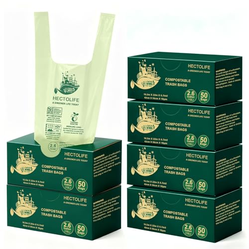 HECTOLIFE 2.6 Gallon 300 Count,Compostable Bags Handle Tie,Tear Resistant Kitchen Food Scrap Waste Bag, ASTM D6400, US BPI and Europe OK Compost Home Certified - style: 2.6gallon (300count)