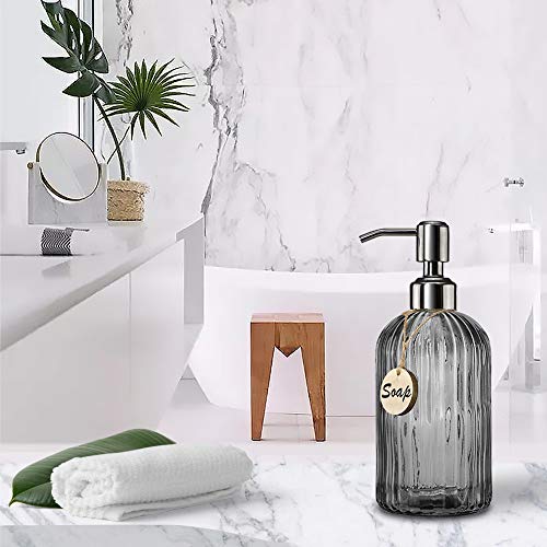 JASAI 18 Oz Vertical Stripes Kitchen Soap Dispenser with 304 Rust Proof Stainless Steel Pump, Refillable Liquid Soap Dispenser for Bathroom, Kitchen, Hand Soap, Dish Soap (Clear Grey) - color: Gray