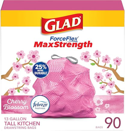 Glad ForceFlex MaxStrength Tall Kitchen Trash Bags, Rip and Tear Resistant, Cherry Blossoms Scented Pink Tall Garbage Bags, Odor Control, Febreze Freshness, 13 Gallon, 90 Count - size: 90 Count (Pack of 1)