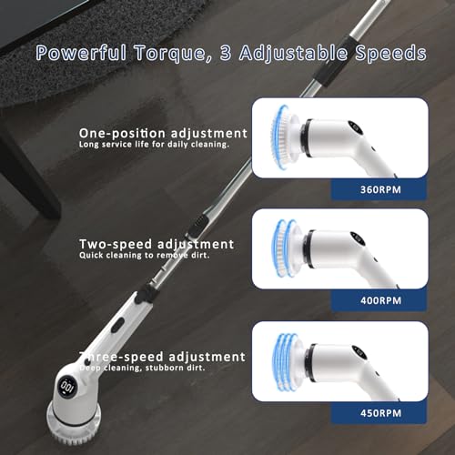 Electric Spin Scrubber, Cordless Cleaning Brush, Shower Scrubber with 9 Replaceable Brush Heads, 52 Inch Detachable Long Handle Power Scrubber 3 Adjustable Speeds Bathroom Floor Tile Window Kitchen
