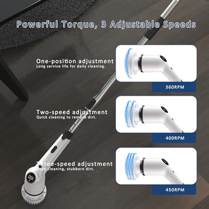 Electric Spin Scrubber, Cordless Cleaning Brush, Shower Scrubber with 9 Replaceable Brush Heads, 52 Inch Detachable Long Handle Power Scrubber 3 Adjustable Speeds Bathroom Floor Tile Window Kitchen