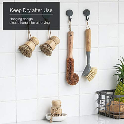 Natural Bamboo Dish Brush Bottle Scrub Brush 4-Piece Set, with Ceramic Soap Dispenser - Wooden Washing Up Brushes with Sturdy Handles for Cleaning Dishes, Pots, Pans, Gift Kit