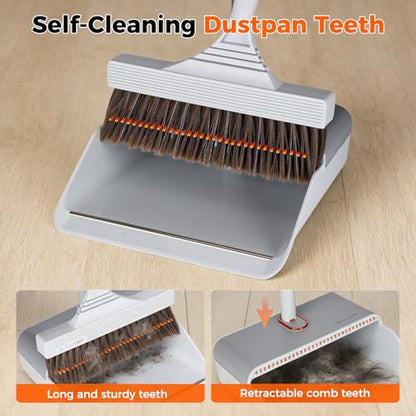Broom and Dustpan Set with Adjustable Handle, Upright Design, Built-in Comb Teeth, Mint Green, for Home Office Hardwood Floors Pet Hair (Silver/Gray) - color: Silver/Gray