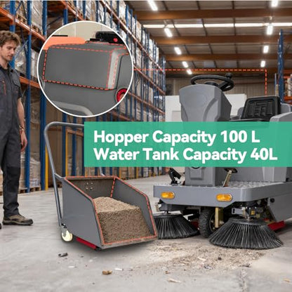Ride-on Floor Sweeper Machine 92,600 Sq ft/h Efficiency 26.5 Gal Dustbin, 51" Brush Width Industrial Cleaning Machine,800W Brushless Motor, Grey