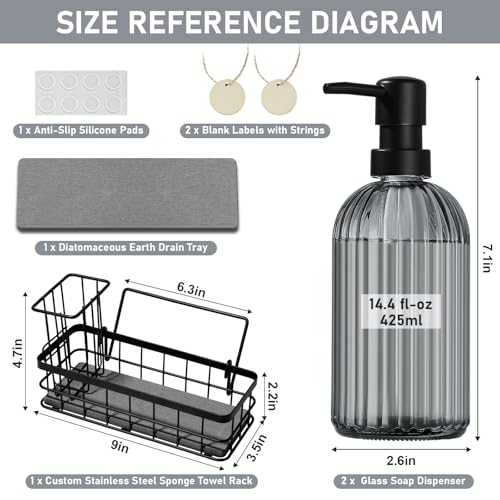 Kitchen Soap Dispenser Set, 14.4 oz/425 ml Hand and Dish Soap Dispenser Set, Dish Soap Dispenser with Sponge Holder & Diatomite Tray, for Countertop Organizer, Black - color: Clear Black