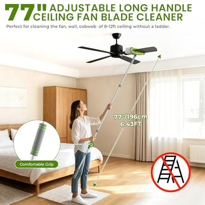 Ceiling Fan Cleaner Duster with 77" Extension Pole, 4-in-1 Reusable Microfiber & Chenille Fan Blade Cleaner, Bendable Fan Duster for Ceiling Fan Blade Blinds Baseboard Cobweb