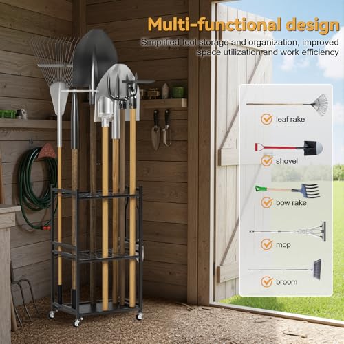 Cuteam Garden Tool Organizer, 35-Slot Steel Rolling Rack with Wheels, Adjustable Feet Yard Tool Rack for Shovels, Rakes, Brooms and Cleaning Equipment, Efficient Tool Organization System (Black)