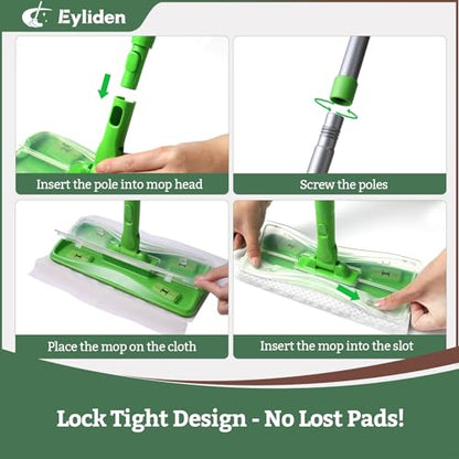Eyliden Sweeper Mop with 36 Refills - 3 Types of Disposable Dry & Wet Cloths | Lock-Tight Design No Lost Pads, Universal Refills, Multi-Surface Sweeping Starter Kit for Pet Hair, Dust, Floor Cleaning