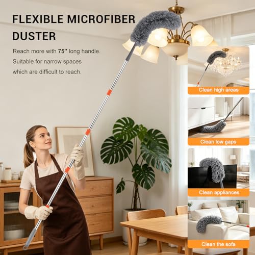 76 Inch Ceiling Fan Cleaner with Long Handle, 360° Fan Blade Cleaner, High Ceiling Duster Cleaning Kit with Cobweb Brush, Chenille and Microfiber Duster for Blinds, Walls and Light Fixtures - color: Gray-complete Duster Kit
