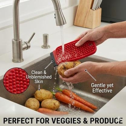 FlexiClean 3-in-1 Silicone Dish Sponge - BPA-Free Food-Grade Cleaning Brush with Dual-Sided Scrubber & Scraper, Hanging Hole Fast-Dry Reusable for Dishes/Fruits/Vegetables (Red 2PCS) - color: Red 2pcs