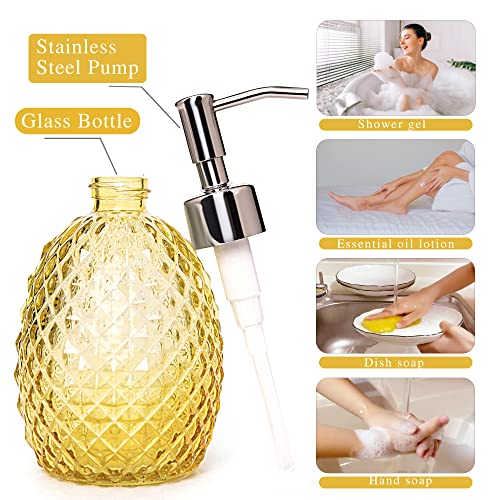 Glass Soap Dispenser with Stainless Steel Pump, 12oz Clear Dish Soap/Hand Soap/Laundry Soap/Lotion Dispenser, Refillable Liquid Dispenser for Bathroom Kitchen Shower (Yellow) - color: Yellow
