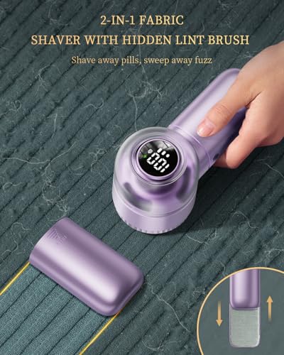Fabric Shaver with Lint Brush, Large Lint Shaver with Digital Display, 3-Speeds Lint Remover with 6-Leaf Blades, Electric Sweater Shaver to Remove Pilling for Clothes, Furniture - color: Silver-purple