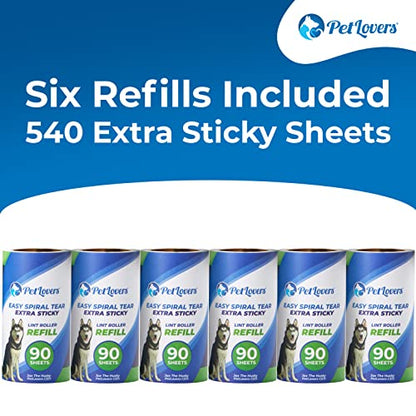 PetLovers Extra Sticky Lint Roller 6 Pack of Refills Only - No Handle Included - 90 Sheets Per Refill 540 Sheets Total - size: 90 Sheets (Pack of 6)