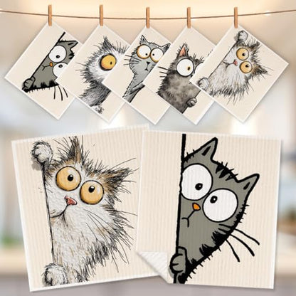 5 Pcs Cartoon Cute Peeking Kitten Swedish Dishcloths, Kitty Swedish Dishcloth, Funny Cat Dish Cloths for Drying Dishes, Reusable Cleaning Cloths, Cat Lover Gifts for Women 4 - color: Lm 03435