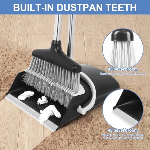 Broom and Dustpan Set with Long Handle, Upright Standing Design, Indoor Outdoor Cleaning Combo, Black and Gray