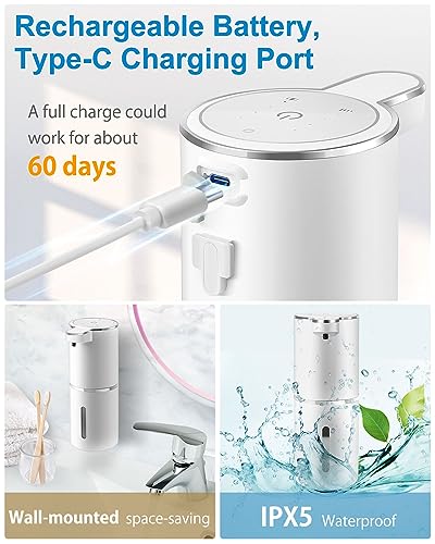 Automatic Foaming Soap Dispenser, 4-Level Adjustable Foam, Wall Mount, USB Rechargeable, 12.8oz/380ml, Touchless Hand & Dish Soap Dispenser for Bathroom, Kitchen, Hotel, Restaurant - color: White, style: Foam