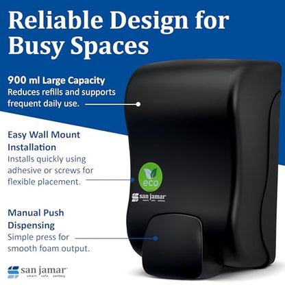 San Jamar Ecologic Rely Recycled Plastic Wall Mounted Manual Foam Soap Dispenser with Zero Waste for Home and Business, 900 Ml, Black - size: 1