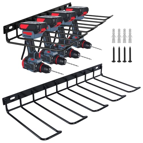WellMade Power Tool Organizer Wall Mount, Drill Holder, 2 Pack Black Steel Drill Holder Wall Mount for Garage, Holds 4 Tools, 80LB Capacity, Easy Install with Screws & Anchors