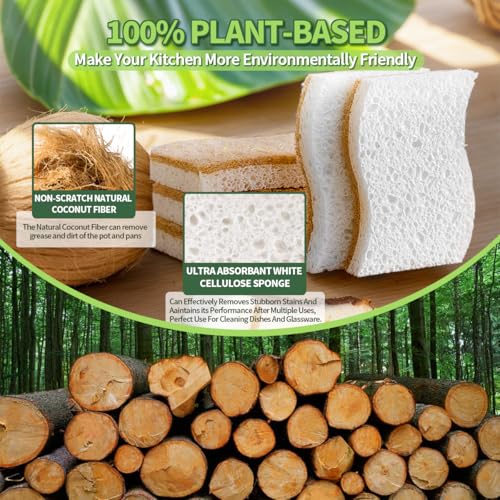 Sponges Kitchen Natural Dish Sponge Plant-Based Biodegradable Compostable Cellulose with Coconut Scrubber Sponge Non Scratch Eco Friendly Kitchen sponges for Kitchen Dishes（Pack of 12） - size: Pack of 12