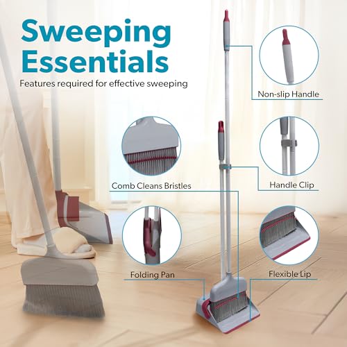 BLACK+DECKER Butler Broom & Dustpan Set - Stand-Up Design - Lightweight, Space-Saving Combo for Kitchen, Living Room, Bathroom, Lobby Floors - Home Cleaning Essential, Light Gray/Burgundy - size: LT Gry/Burgendy Butler Broom & Dustpan
