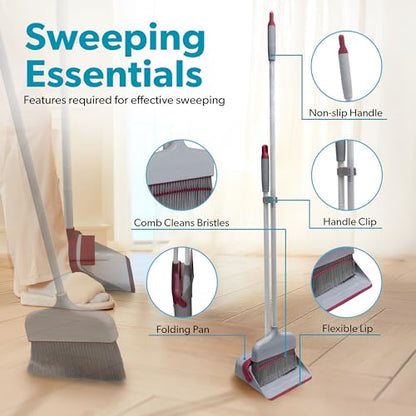 BLACK+DECKER Butler Broom & Dustpan Set - Stand-Up Design - Lightweight, Space-Saving Combo for Kitchen, Living Room, Bathroom, Lobby Floors - Home Cleaning Essential, Light Gray/Burgundy - size: LT Gry/Burgendy Butler Broom & Dustpan