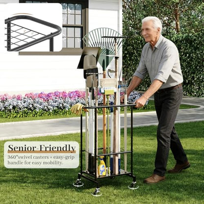 Garden Tool Organizer with Wheels, Heavy Duty Metal Garage Tool Storage Rack, Yard Tool Holder for Long-Handled Tools, Rakes and Brooms, Indoor and Outdoor Use for Shed, Patio - style: Tool Rack with Wheels