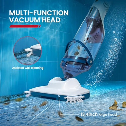 ENHULK Pool Vacuum for Above Ground Pool, Upgraded 13.4" Wide Head & Telescopic Pole, 18.5 GPM Powerful Suction, 60 Mins Runtime, Cordless Handheld Rechargeable Pool Cleaner for Inground Pools, PC15 - style: PC15