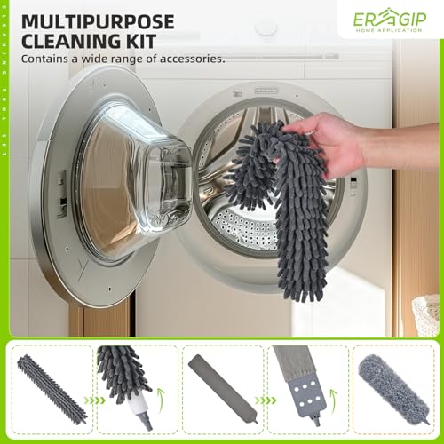 Extendable Feather Duster with Extension Pole 30 to 100 Inches, 11 Pcs Cleaning Kit with Microfiber Feather Dusters, Crevice Cleaning Brush, for Cobwebs, Blinds, Furniture, High Ceilings & Cars