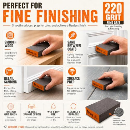 Sanding Sponge Super High-Density Sandpaper Block, Medium Fine 220 Grit Sanding Block, Reusable Dry Wet Sanding Blocks for Wood, Drywall,Metal, Sandpaper Sand Block, 4pcs by Afruxy - size: 220 Grit 4 Pack