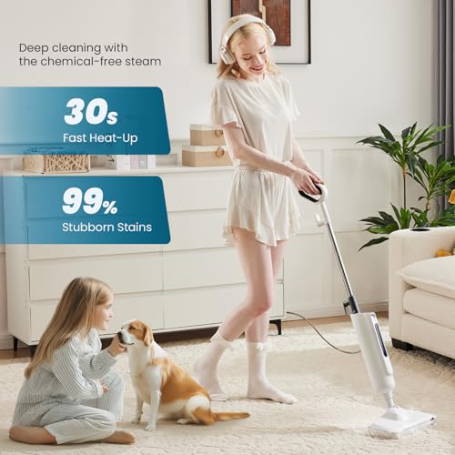Steam Mop with Natural Sanitization, Floor Steamer, Tile Cleaner, and Hard Wood Floor Cleaner with Flip-Down Easy Scrubber, White