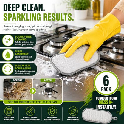 Sponges Kitchen Dish Dual-Sided Sponge for Washing Dishes Cleaning Kitchen, All-Purpose, 6 Pack, Non Scratch, Rough Scrubbers Side for Non-Stick Cookware, Soft Microfiber Scrub Side for Dishes