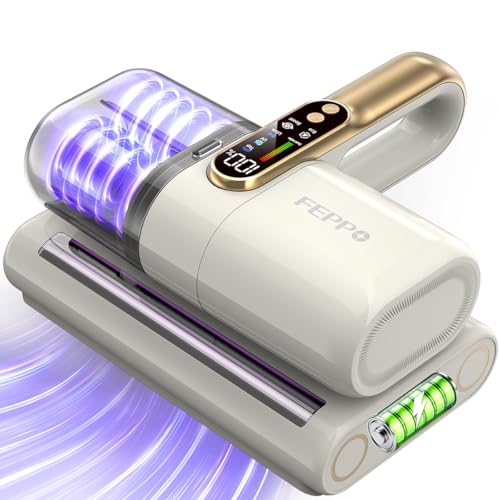 FEPPO Cordless Mattress Vacuum Cleaner, 18Kpa Bed Vacuum with 253.7nm UV-C Light, Ultrasonic, Dust Sensor & LED Display, 52800 BPM Handheld Vacuums for Bed, Sofa, Couch, Crib - color: Off-white/Gold