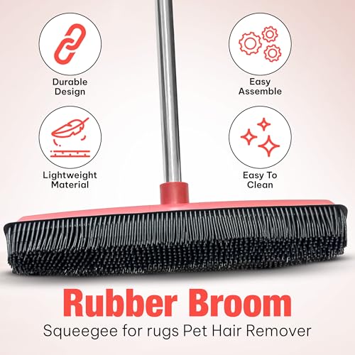 Hybrid Dog Pet Hair Removal Broom with Squeegee – Adjustable Handle Rubber Broom for Pet, Hardwood Floors, Tile, & Liquid-Dirt with 2 Portable Hair Brushes & Cloth