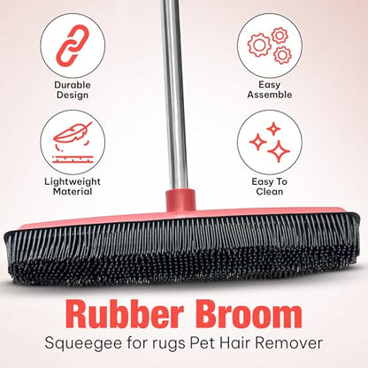 Hybrid Dog Pet Hair Removal Broom with Squeegee – Adjustable Handle Rubber Broom for Pet, Hardwood Floors, Tile, & Liquid-Dirt with 2 Portable Hair Brushes & Cloth
