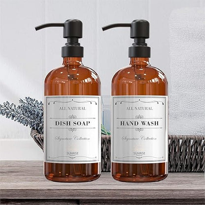 Sunrise Premium 4 Pack Amber Glass Soap Dispenser 16 OZ with Matte Black Stainless Steel Pump, Hand and Dish Soap Dispenser Set for Bathroom and Kitchen Sink with 12 Waterproof Labels - color: Matte Black Ss Pump - Amber Glass 4pc